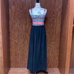 Boho Tribal Print Maxi Dress Black Flowy Halter Style | Size S